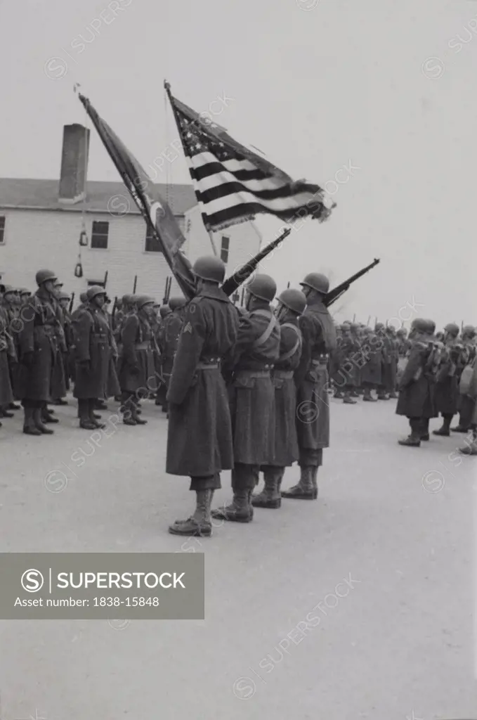 Military Soldiers in Marching Formation during Training Session Outdoor, WWII, HQ 2nd Battalion, 389th Infantry, US Army Military Base, Indiana, USA,  1942