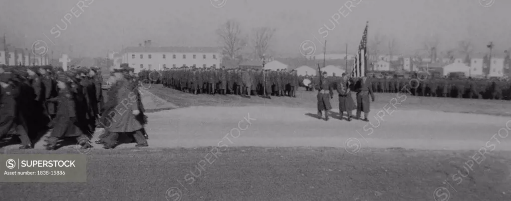 Marching Soldiers, WWII, HQ 2nd Battalion, 389th Infantry, US Army Military Base, Indiana, USA,  1942