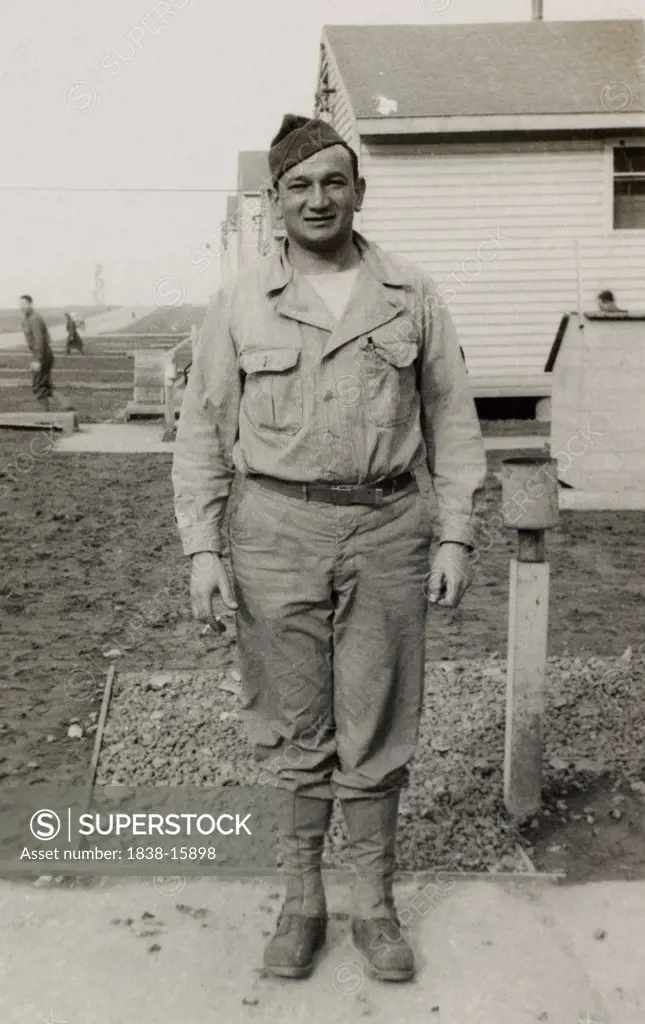 Soldier in Uniform, Portrait, WWII, HQ 2nd Battalion, 389th Infantry, US Army Military Base, Indiana, USA, 1942