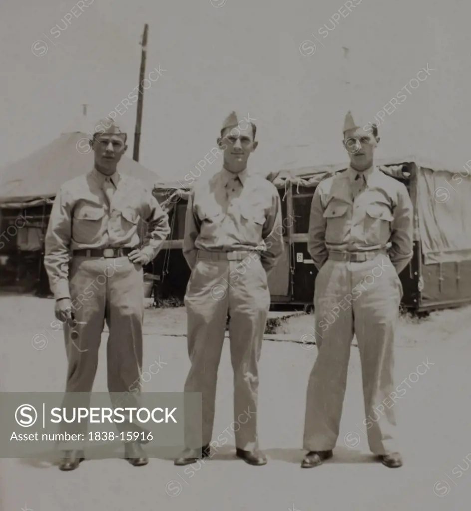 Three Soldiers in Uniform, Portrait, WWII, 325th Infantry, US Army Military Base , Camp Claiborne, Louisiana, USA, 1942