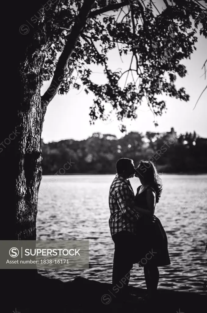 Couple Embraced in Romantic Kiss Under Tree by Lake