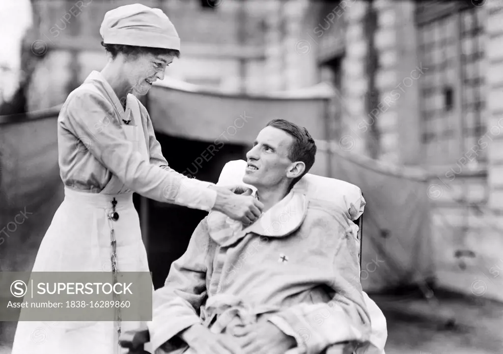 Wounded American Soldier with American Red Cross Nurse, American Military Hospital No. 1, Paris, France, Lewis Wickes Hine, American National Red Cross Photograph Collection, August 1918
