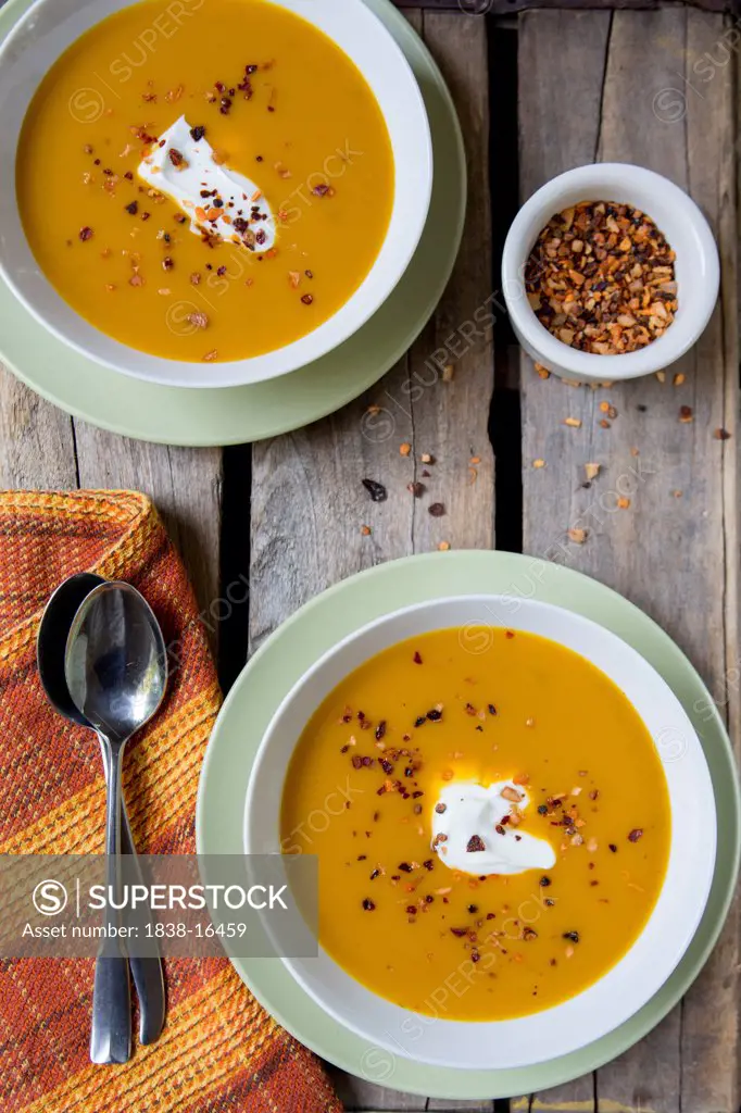 Pumpkin Soup with Sour Cream, High Angle View
