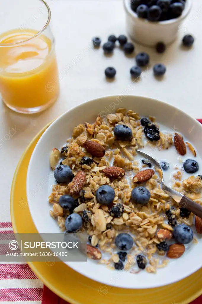 Bowl of Granola Cereal with Blueberries and Glass of Orange Juice High Angle View