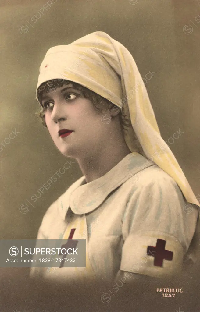 Red Cross Nurse during World War I, Head and Shoulders Portrait, Postcard, France, 1915