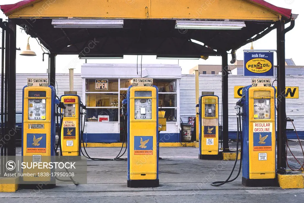 Five Golden Eagle Gas Pumps, San Diego, California, USA, John Margolies Roadside America Photograph Archive, 1977
