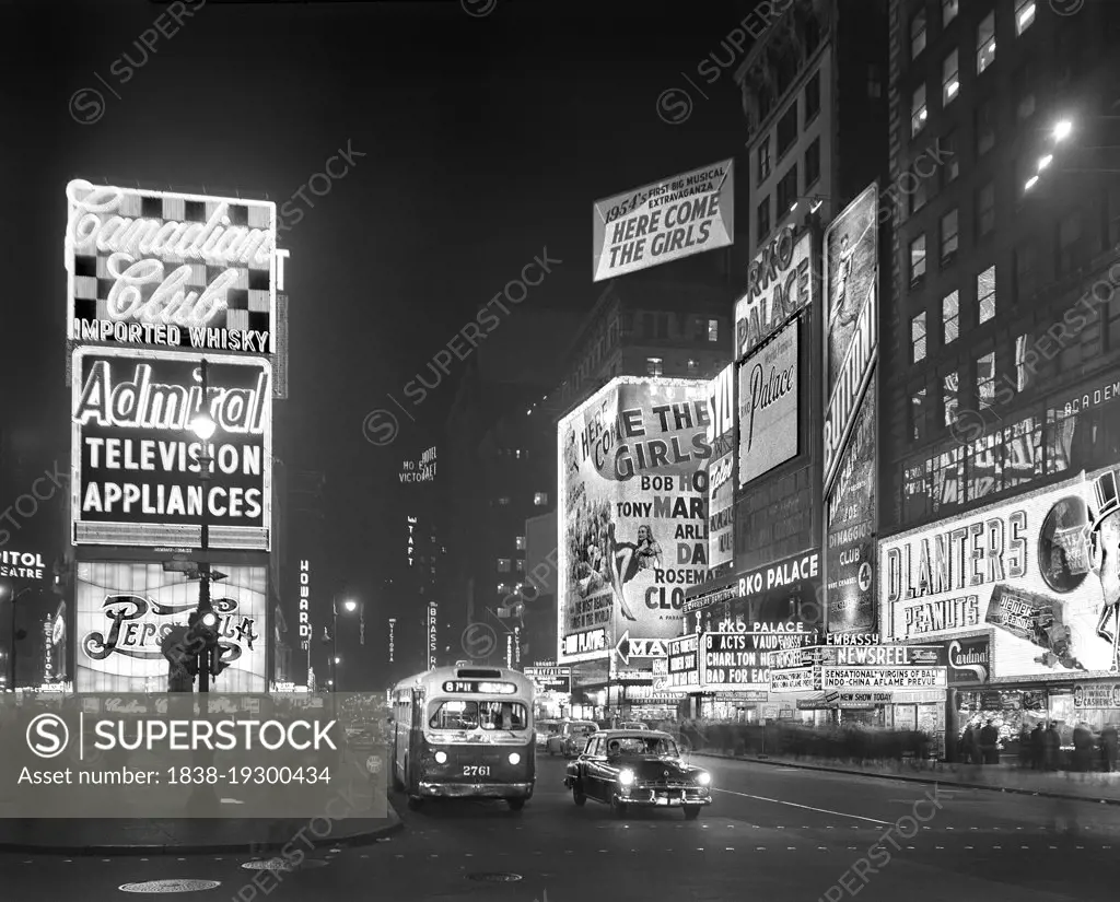 Times Square at Night, New York City, New York, USA, Gottscho-Schleisner Collection, December 1953