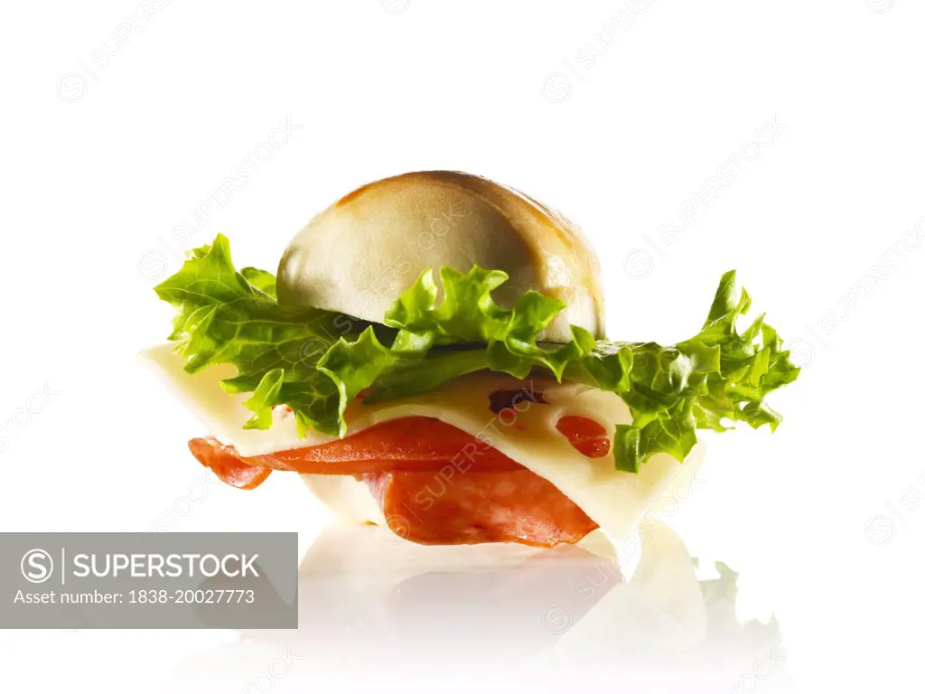 Salami and Cheese Sandwich on Roll on White Background