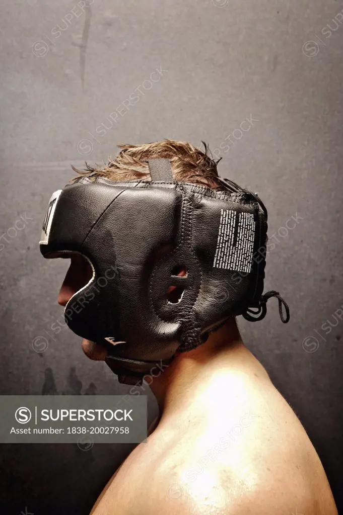 Boxer Wearing Headgear, Close-Up Profile