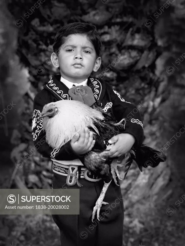 Young Boy, Charro, in Traditional Costume Holding Rooster, Portrait