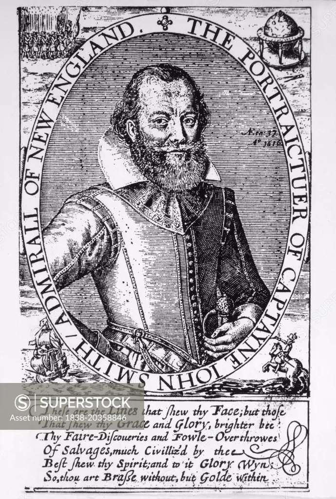 John Smith (1580-1631), Leader of the Virginia Colonists at Jamestown, Engraving from his "A Description of New England", 1616