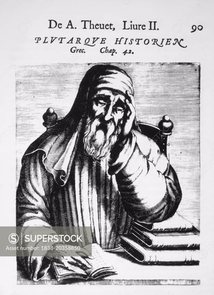Plutarch (46-120 AD), Greek Biographer, Historian and Essayist, Woodcut from "Les Vrais Pourtraits et vies des Hommes Illustres", Andre Thevet, 1584