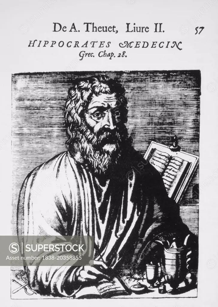 Hippocrates (460-370 BC), Greek Physician, Woodcut from "Les Vrais Pourtraits et vies des Hommes Illustres", Andre Thevet, 1584