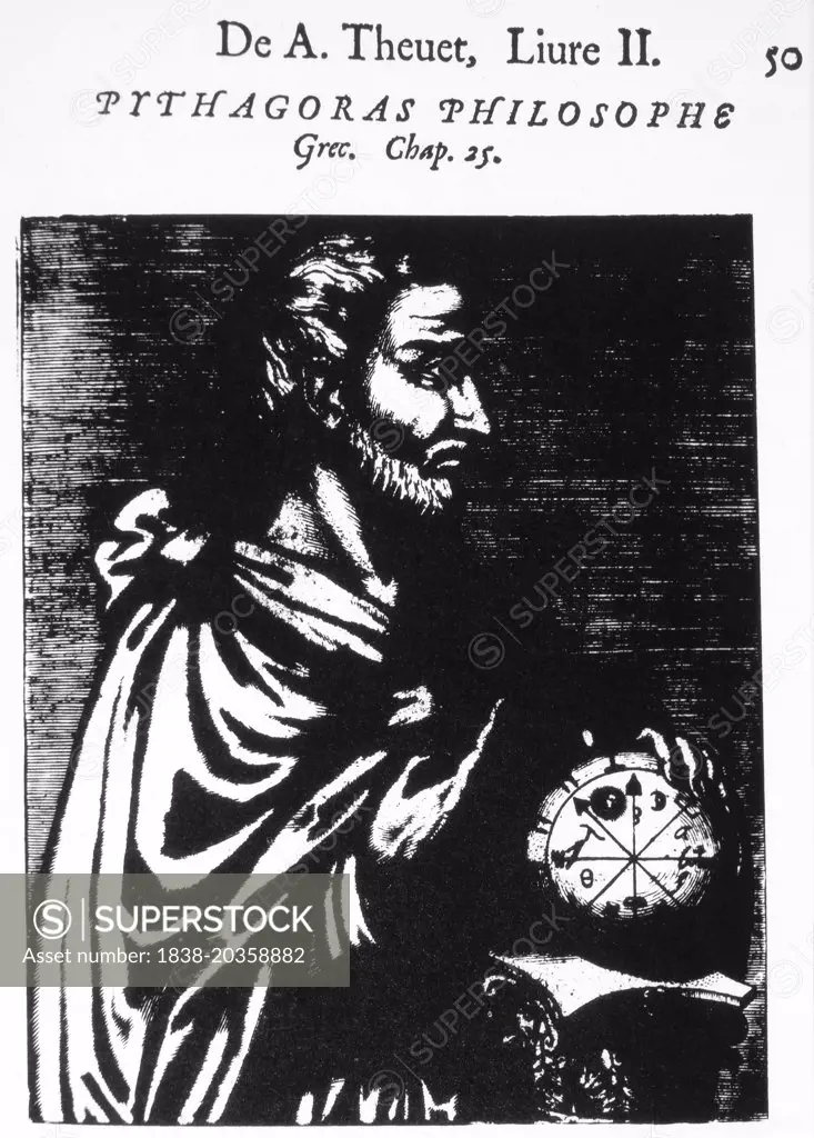 Pythagoras (582-507 BC), Greek Philosopher, Woodcut from "Les Vrais Pourtraits et vies des Hommes Illustres", Andre Thevet, 1584