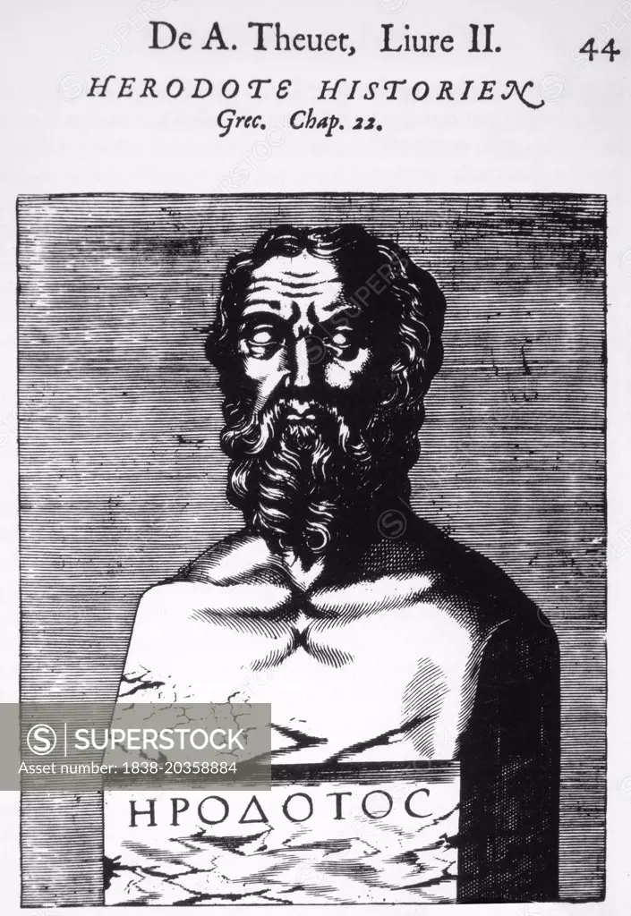Herodotus (484-425 BC), Greek Historian, Woodcut from "Les Vrais Pourtraits et vies des Hommes Illustres", Andre Thevet, 1584