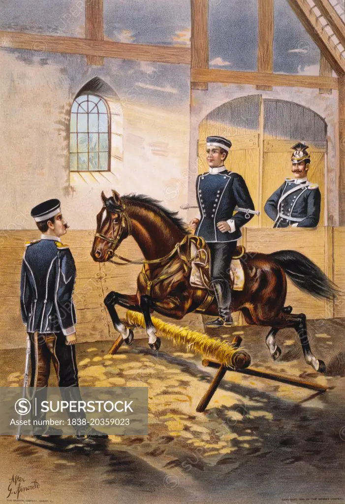Riding School, First Royal Hanoverian Uhlans Regiment, Chromolithograph, 1899