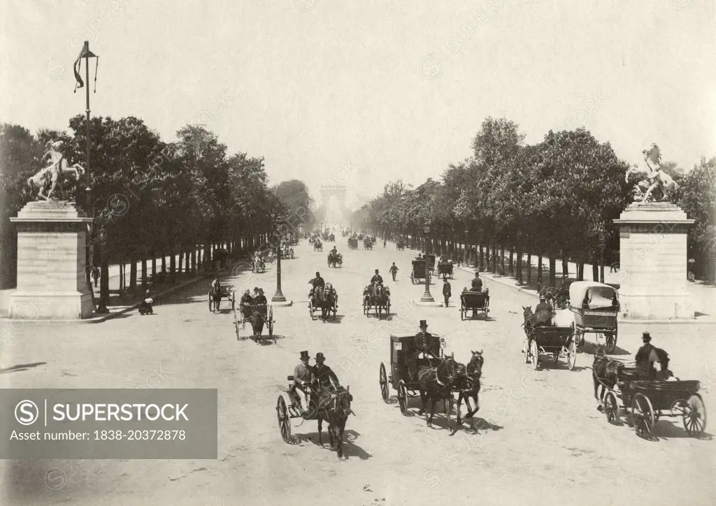 Horses & Buggies on Avenue des Champs-Elyses, Paris, France, Albumen Print, circa 1890