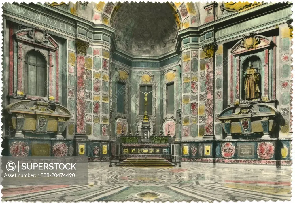 Chapel of the Princes, Medici Chapels, Basilica of San Lorenzo, Florence, Italy, Hand-Colored Postcard, 1944