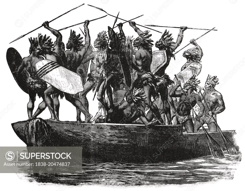 Warriors on War Canoe, Africa, "Classical Portfolio of Primitive Carriers", by Marshall M. Kirman, World Railway Publ. Co., Illustration, 1895