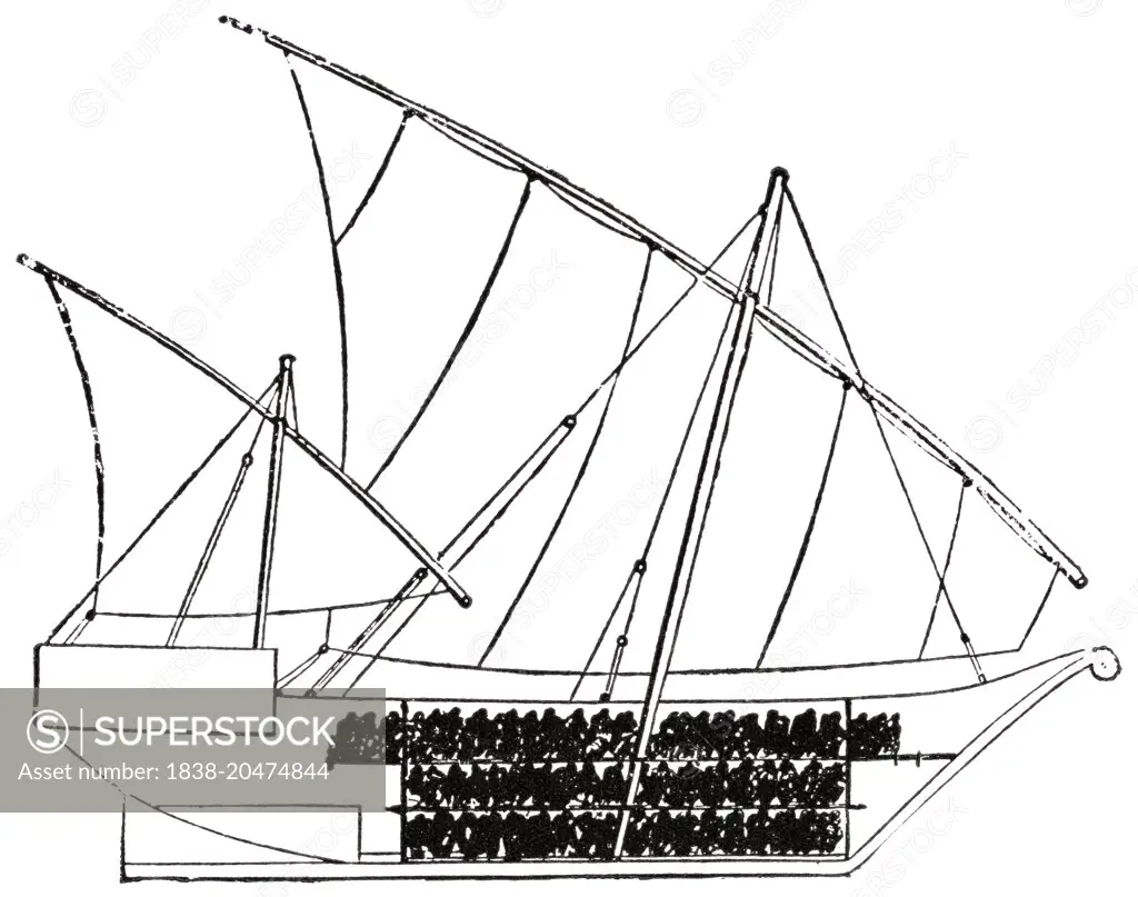 Vessel formerly used in the East African slave trade, "Classical Portfolio of Primitive Carriers", by Marshall M. Kirman, World Railway Publ. Co., Illustration, 1895