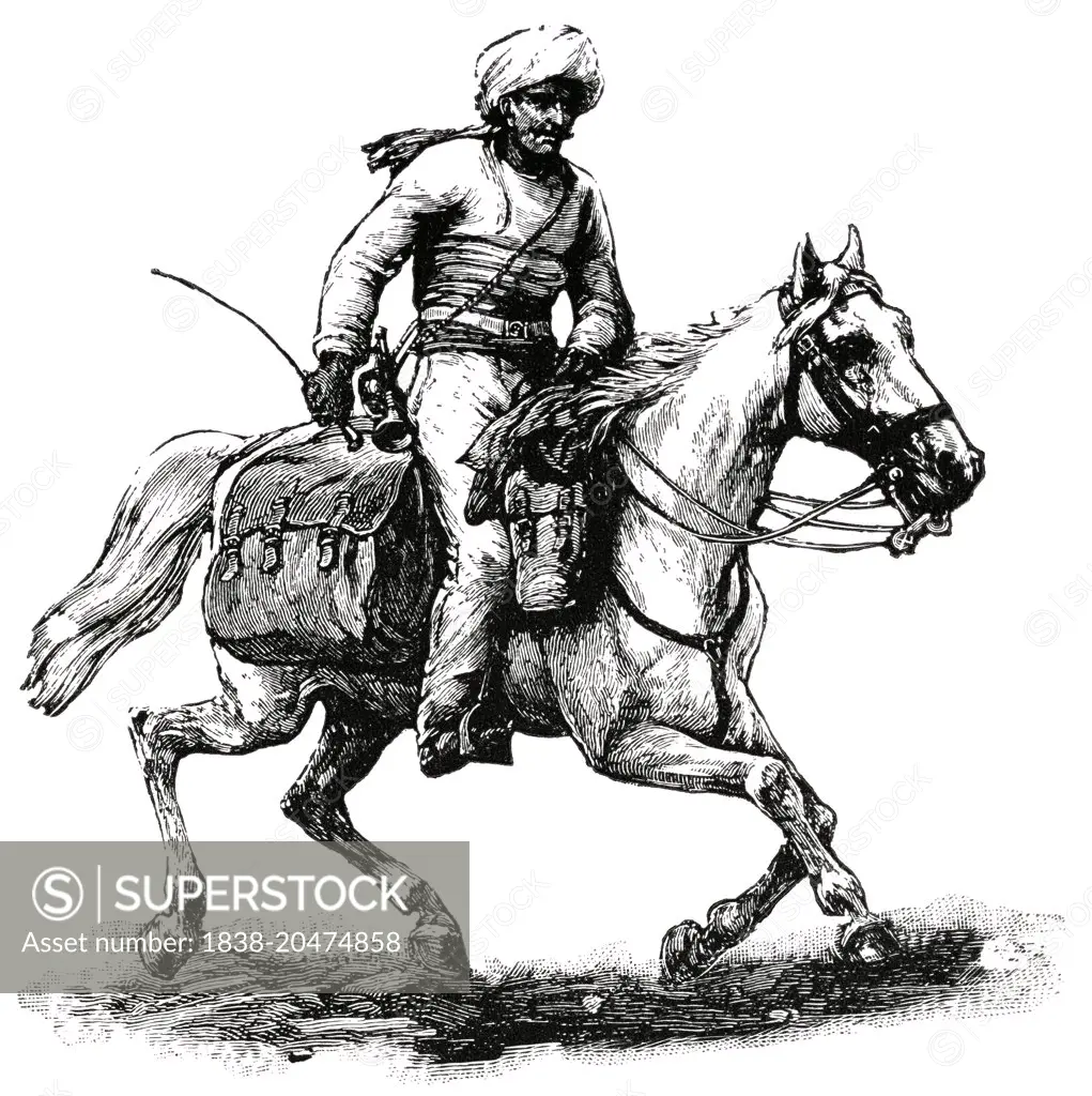 Mail Carrier on Horseback, Afghanistan, "Classical Portfolio of Primitive Carriers", by Marshall M. Kirman, World Railway Publ. Co., Illustration, 1895