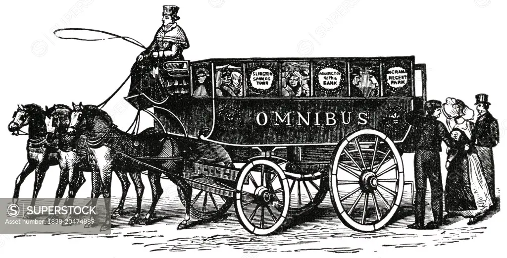 First English Omnibus, 1829, "Classical Portfolio of Primitive Carriers", by Marshall M. Kirman, World Railway Publ. Co., Illustration, 1895