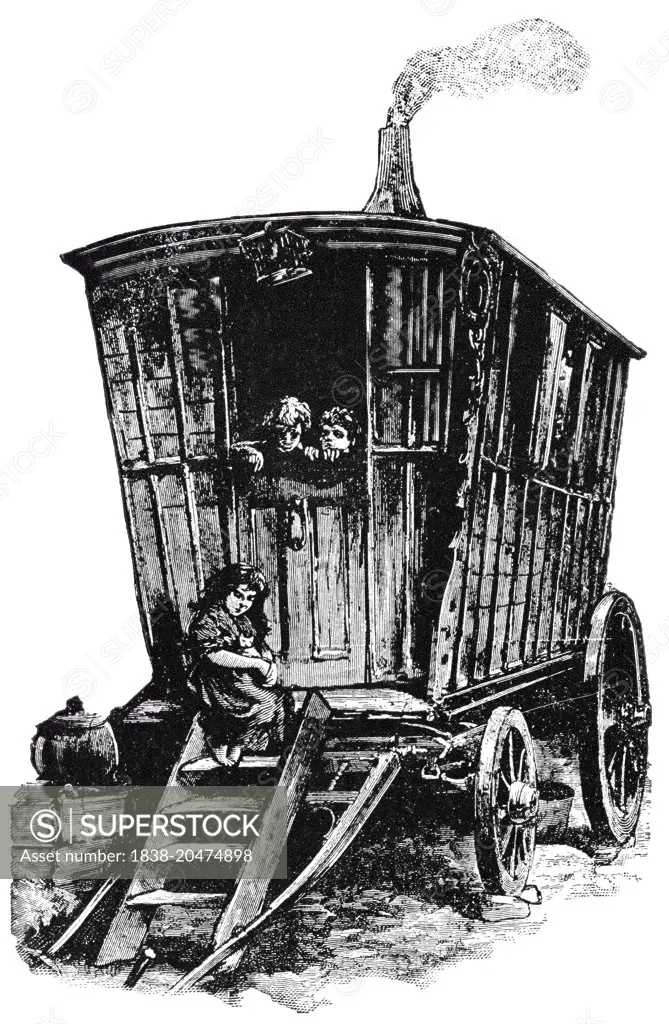 Gypsy House and Wagon, England, pre-1820, "Classical Portfolio of Primitive Carriers", by Marshall M. Kirman, World Railway Publ. Co., Illustration, 1895