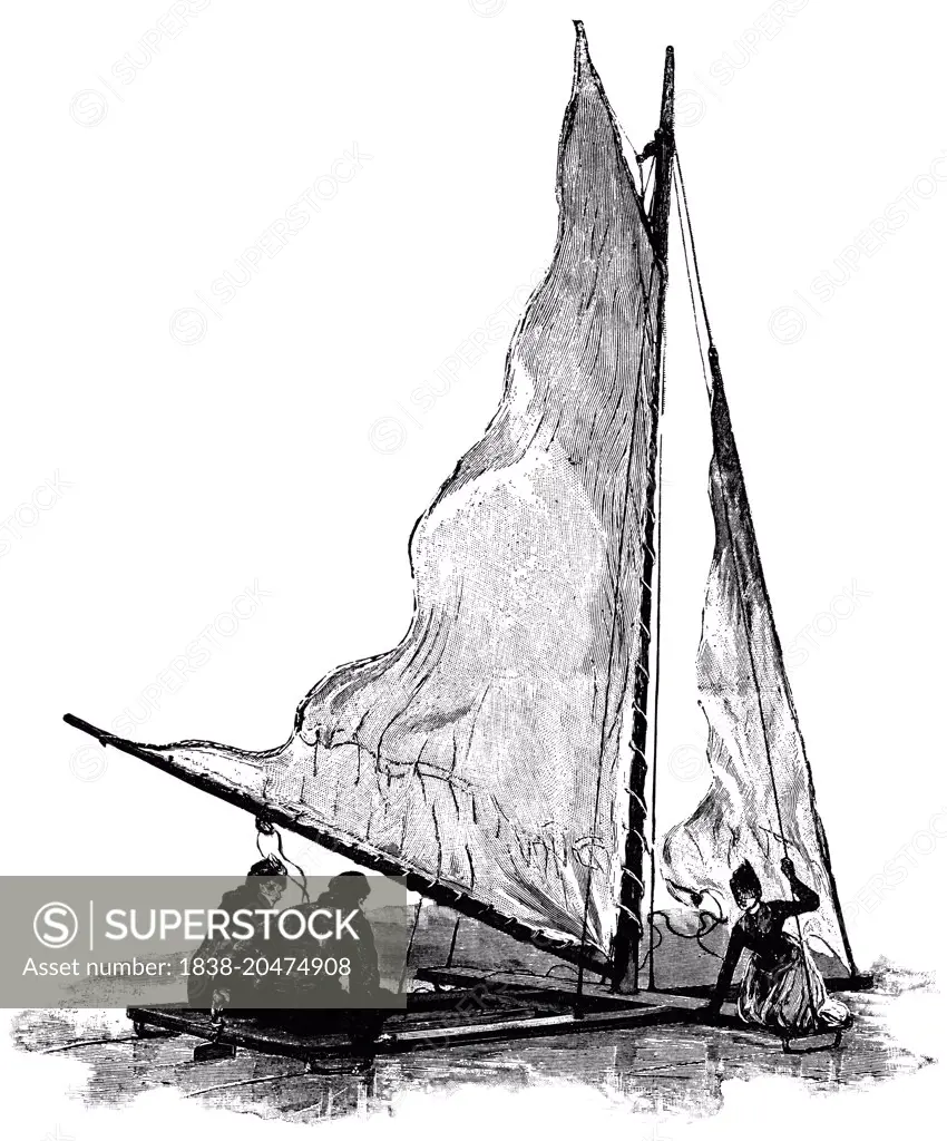 Ice Boat on Loch Cobbinshaw, Scotland, "Classical Portfolio of Primitive Carriers", by Marshall M. Kirman, World Railway Publ. Co., Illustration, 1895