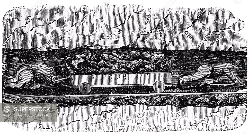 Pushing and Pulling Coal Wagon in Mine, England, 1820's, "Classical Portfolio of Primitive Carriers", by Marshall M. Kirman, World Railway Publ. Co., Illustration, 1895