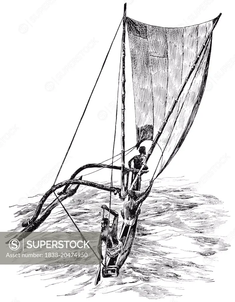 Surf Boat of Singhalese Fishermen, Ceylon, "Classical Portfolio of Primitive Carriers", by Marshall M. Kirman, World Railway Publ. Co., Illustration, 1895