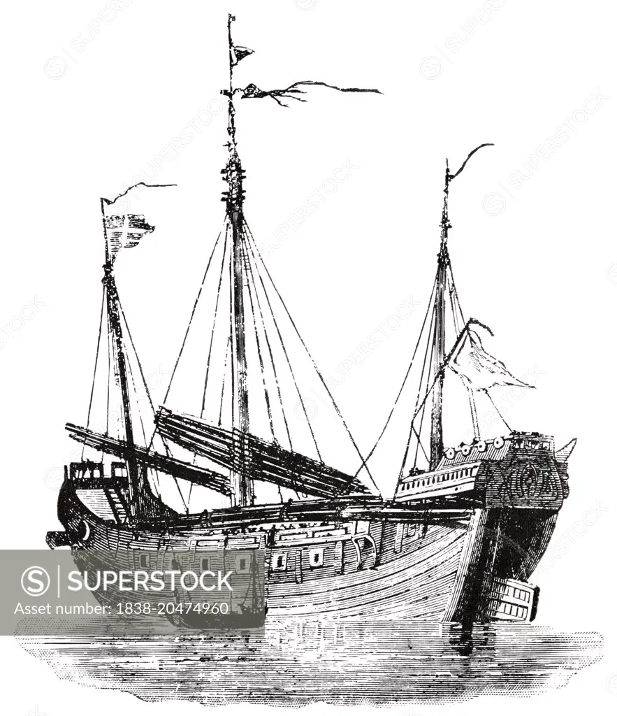 Old-Fashioned Chinese War Vessel, "Classical Portfolio of Primitive Carriers", by Marshall M. Kirman, World Railway Publ. Co., Illustration, 1895