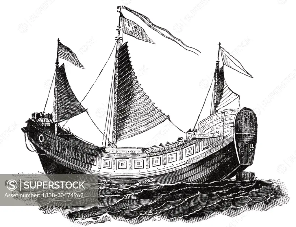 Chinese Junk used for Passengers and Freight, "Classical Portfolio of Primitive Carriers", by Marshall M. Kirman, World Railway Publ. Co., Illustration, 1895
