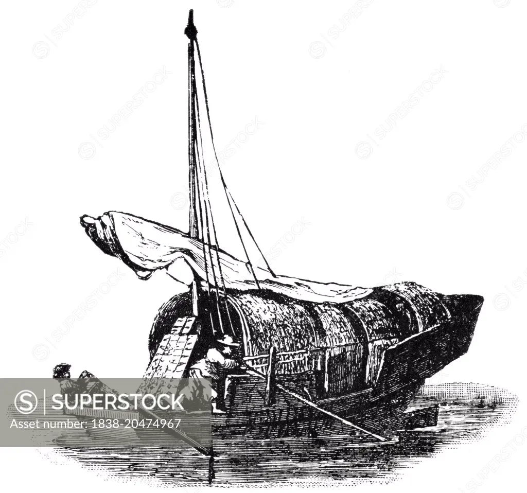 Native Vessel on Canton River, China, "Classical Portfolio of Primitive Carriers", by Marshall M. Kirman, World Railway Publ. Co., Illustration, 1895