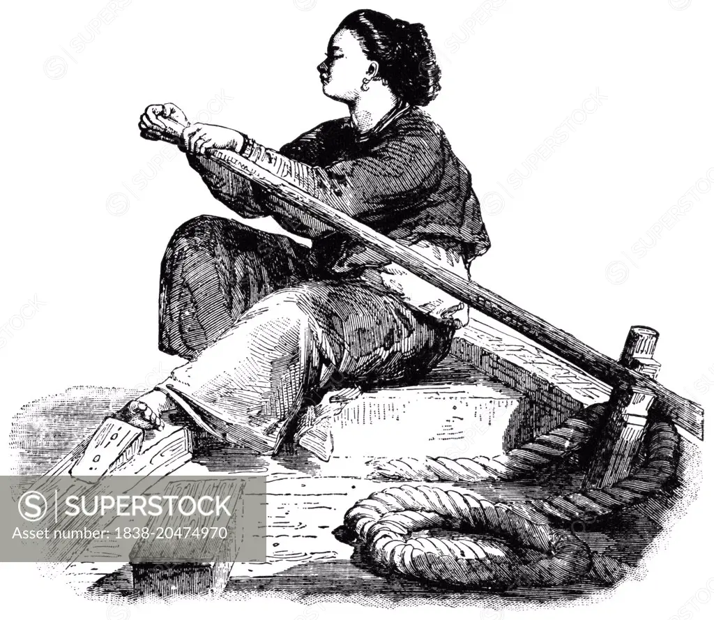 Sampan Girl Sitting Sideways in Bow of Vessel while Rowing on Canton River, China, "Classical Portfolio of Primitive Carriers", by Marshall M. Kirman, World Railway Publ. Co., Illustration, 1895