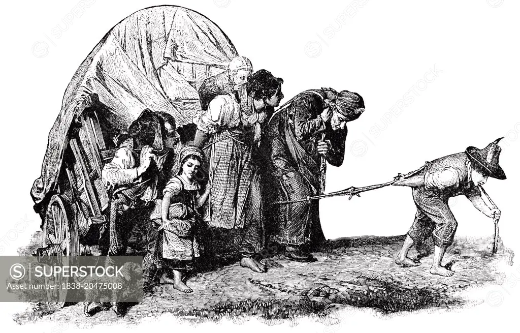 Peasants, Expelled by War, Seeking New Home, Europe, "Classical Portfolio of Primitive Carriers", by Marshall M. Kirman, World Railway Publ. Co., Illustration, 1895