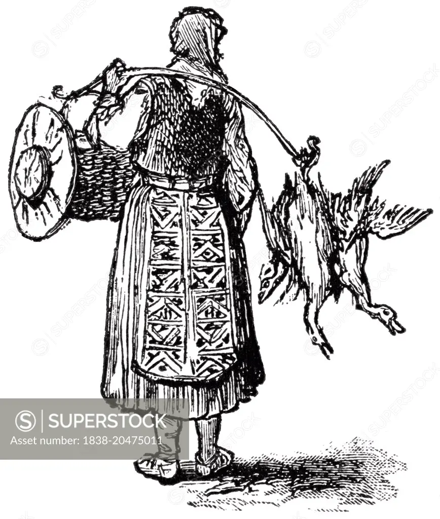 Serbian Woman on Way to Market,  "Classical Portfolio of Primitive Carriers", by Marshall M. Kirman, World Railway Publ. Co., Illustration, 1895
