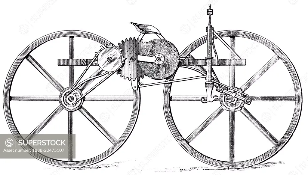 Spring Motor on Bicycle, Invented by D.I. Lybe, Sidney, Iowa, USA, Illustration, circa  1895