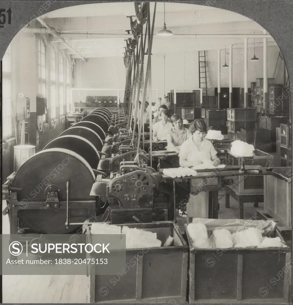 First Drawing or Straightening of Fibers, Silk Industry (Spun Silk), So. Manchester Conn., Single Image of Stereo Card, circa 1914