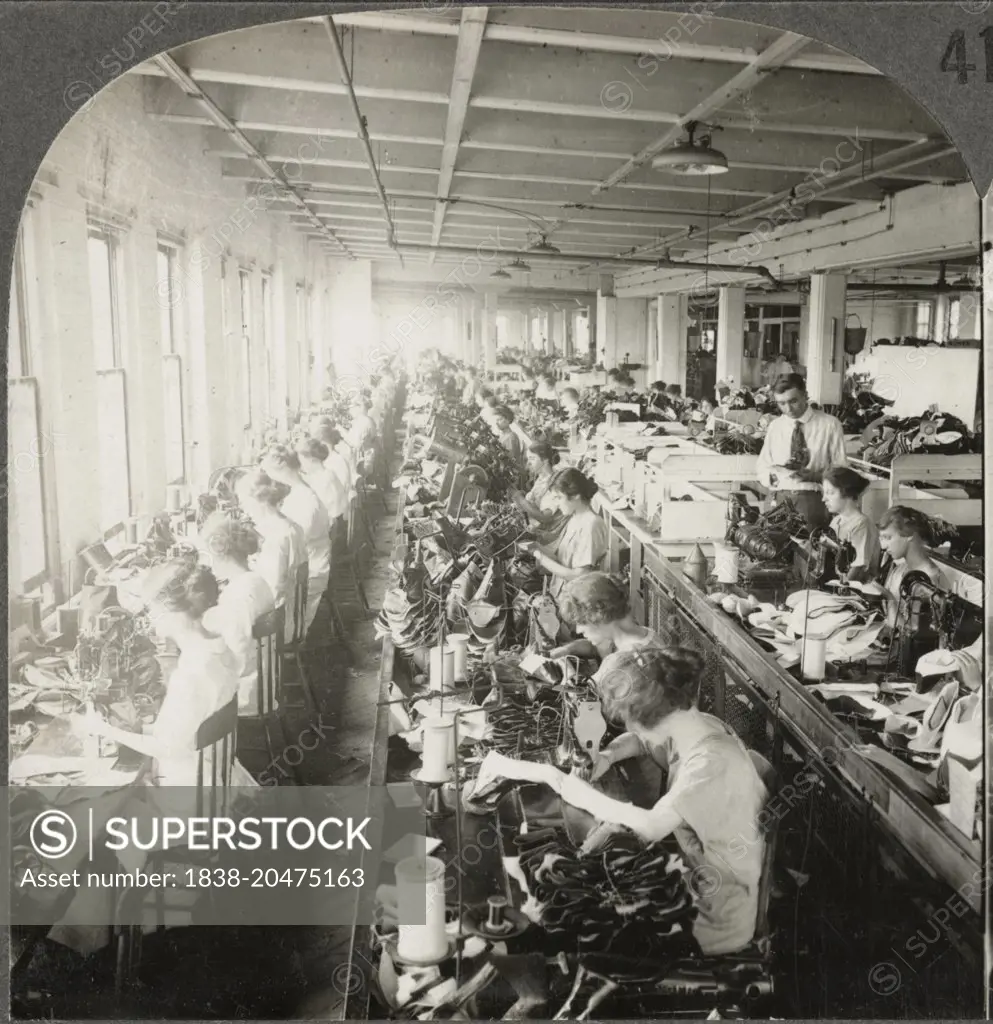 General View Sewing Room, Large Shoe Factory, Syracuse N.Y., Single Image of Stereo Card, circa 1916