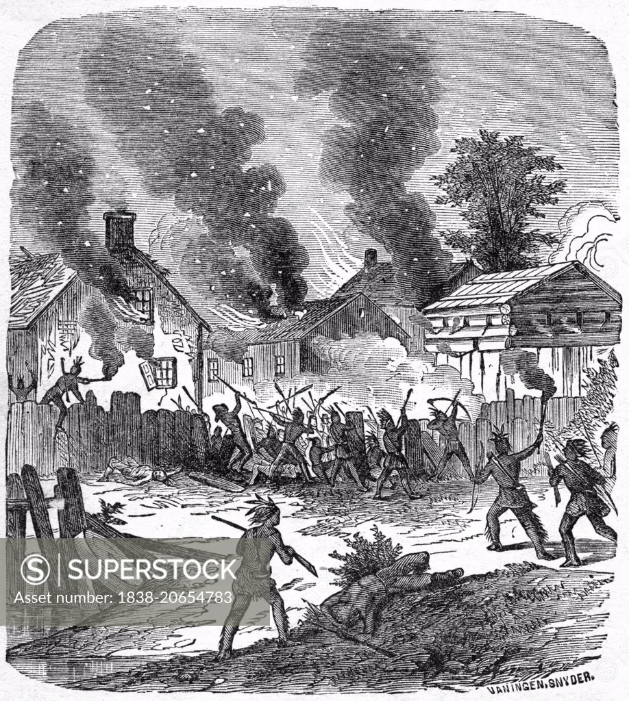 The Burning of Brookfield by the Indians”, Engraving by Van Ingen Snyder, circa 1860, Book Illustration from Indian Horrors or Massacres of the Red Men”, by Henry Davenport Northrop, 1891