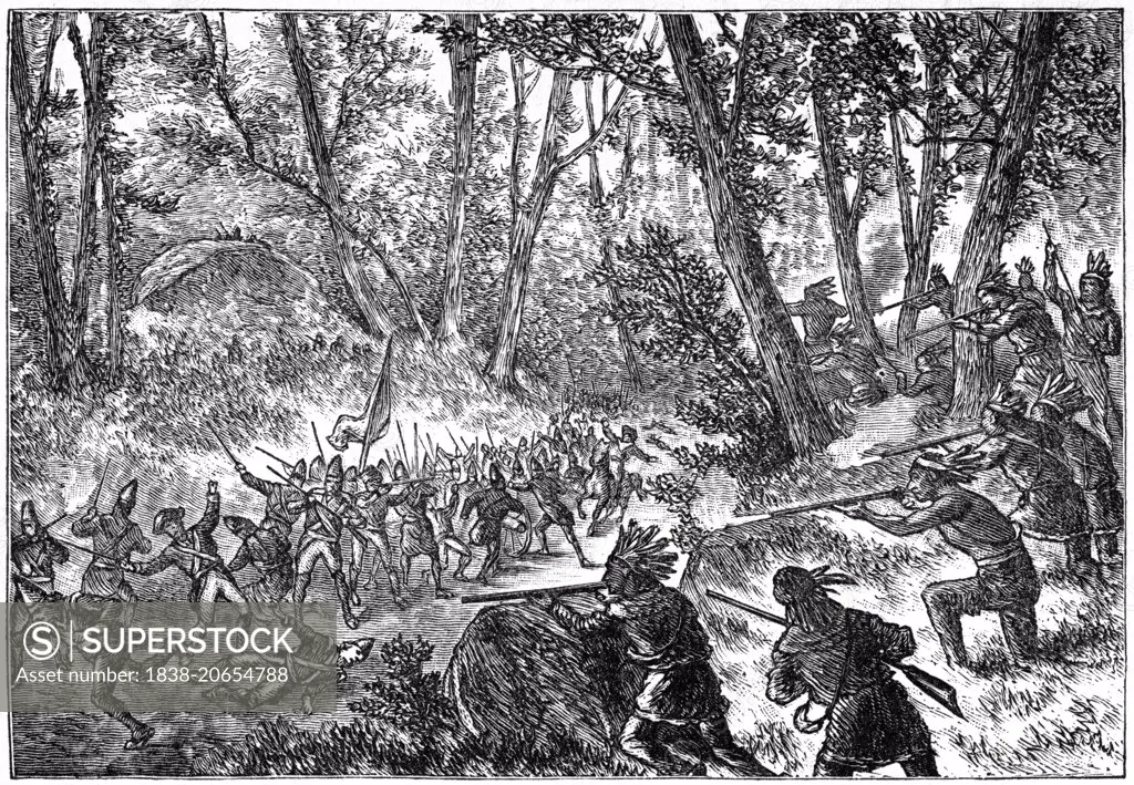 General Edward Braddock (1695-1755), Braddock’s Defeat”,  French and Indian War, 1755, Book Illustration from Indian Horrors or Massacres of the Red Men”, by Henry Davenport Northrop, 1891