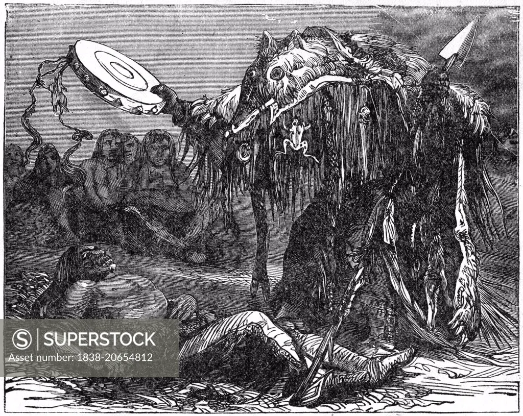 Medicine Man Performing His Incantations”, tribe not specified, Book Illustration from Indian Horrors or Massacres of the Red Men”, by Henry Davenport Northrop, 1891