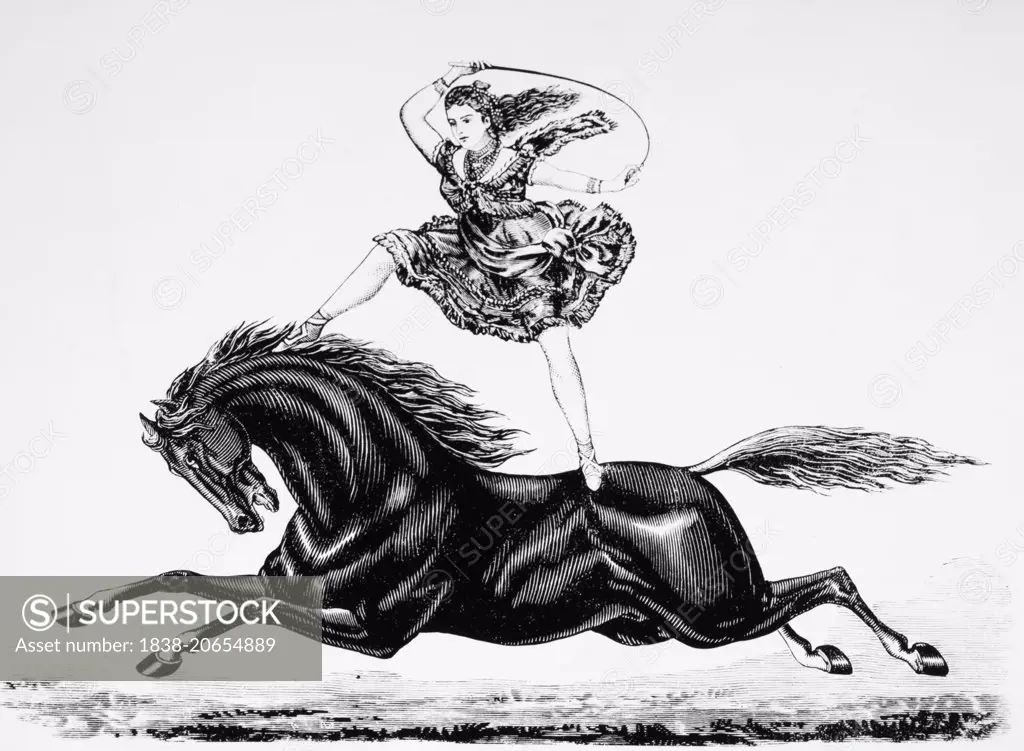 Woman Riding Bareback on Horse, Circus Performance, Woodcut, 19th Century 