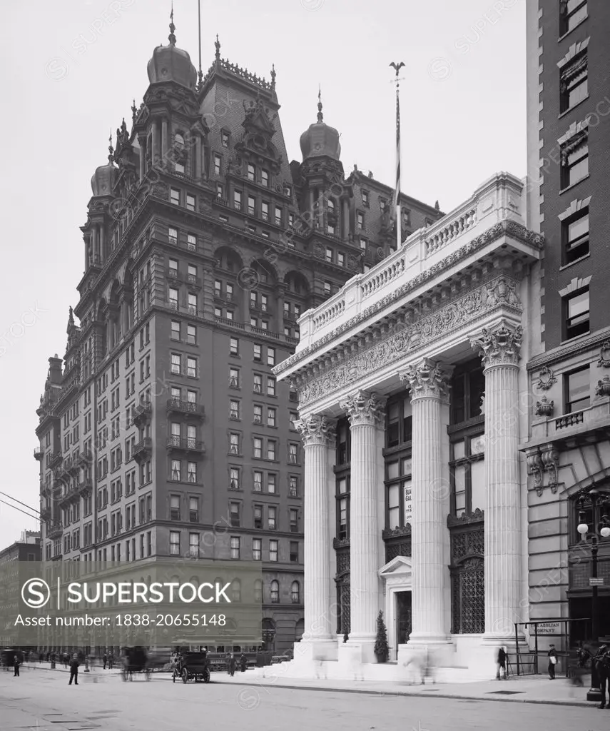 Knickerbocker Trust Building and Waldorf Astoria Hotel, New York City, USA, circa 1904