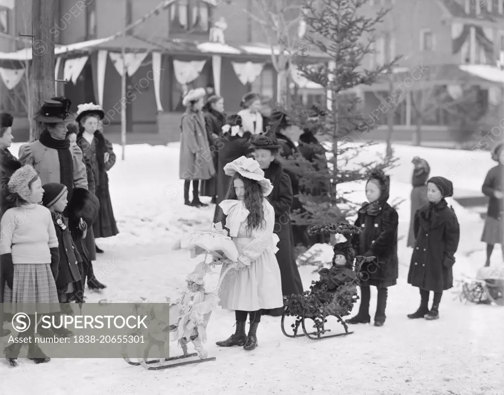 Young Girls with Doll Sleds, Midwinter Carnival, Children's Parade, Upper Saranac Lake, New York, USA, circa 1909