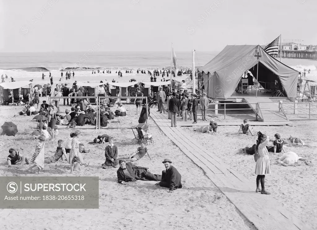 Beach Scene with First Aid Tent, Atlantic City, New Jersey, USA, circa 1910