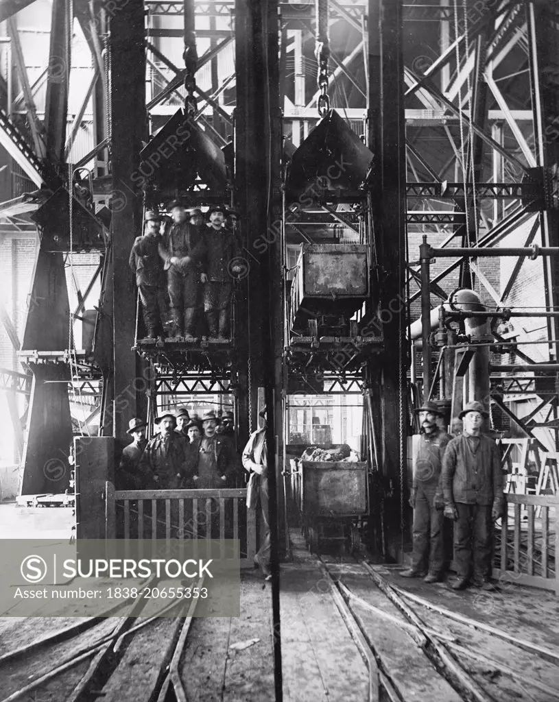 Hoisting Ore & Lowering Miners, Lead Homestake Mine, South Dakota, USA, circa 1905