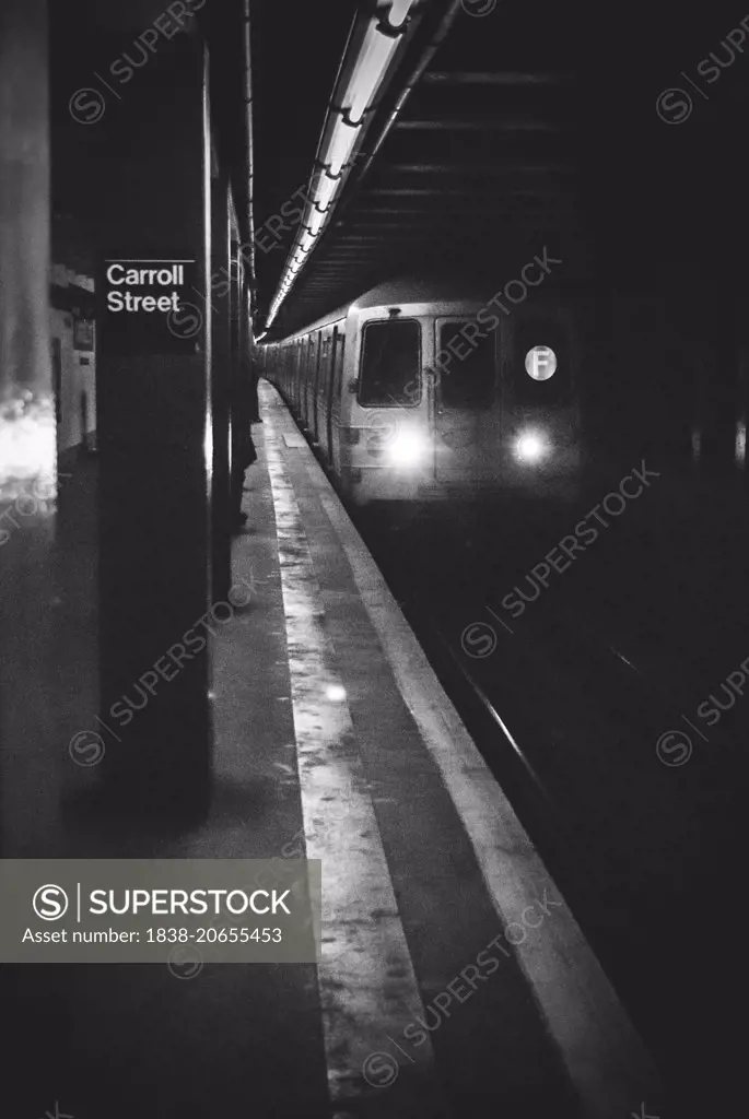Subway Train Arriving at Station Platform, Carroll Street, Brooklyn, New York City, USA