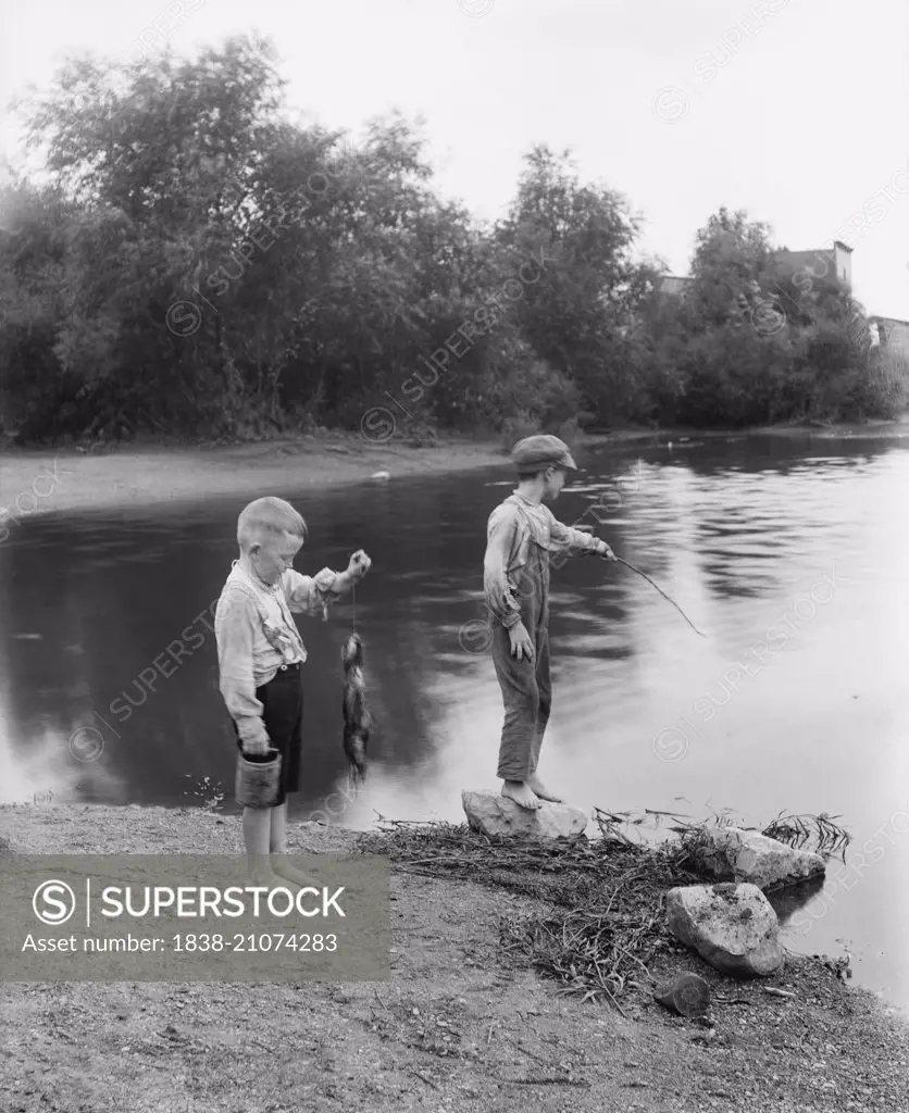 Two Boys Fishing, Summit, Illinois, USA, circa 1900