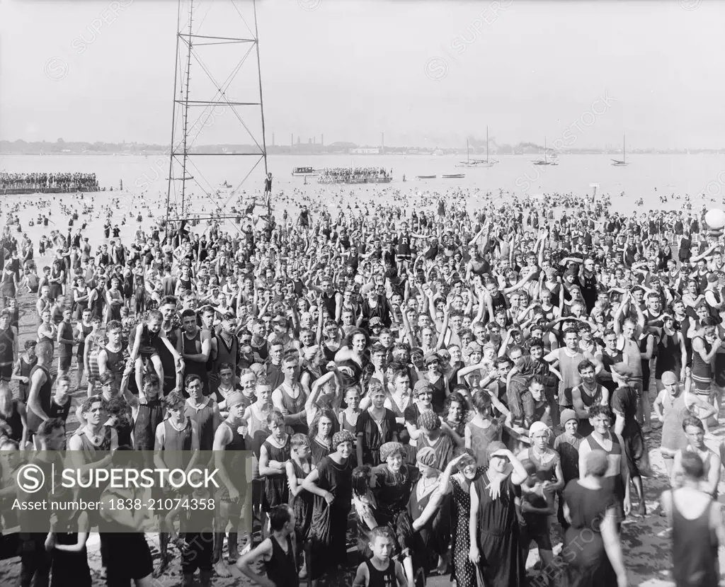 Portrait of Large Crowd at Beach, Belle Isle Park, Detroit, Michigan, USA, 1910